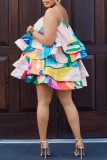 ローズレッドセクシーカジュアルプリントパッチワークバックレススパゲッティストラップケーキスカートドレス