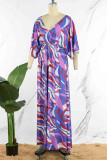 Purple Casual Print Patchwork Slit V Neck Long Dress Dresses