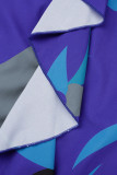 Abiti eleganti stampati con scollo a V patchwork con stampa college blu (con cintura)