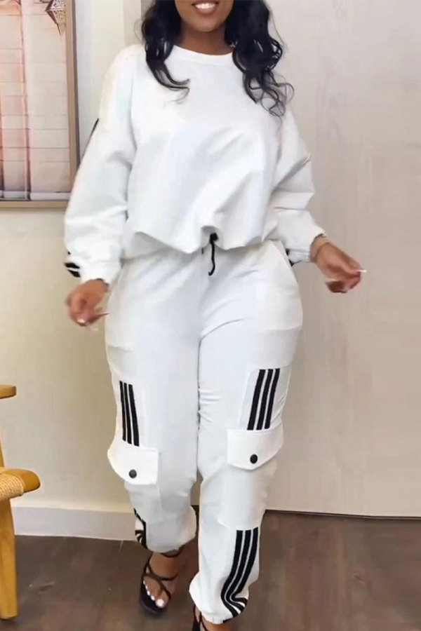 Белая повседневная спортивная одежда Повседневные лоскутные брюки в стиле пэчворк с карманами на завязках и круглым вырезом с длинными рукавами из двух частей