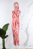 Красный сексуальный принт пэчворк воротник с капюшоном и юбка с запахом платья