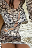 Zebra Sexy Prominente Zebra-Print ausgehöhlt Patchwork Kordelzug Druck O-Ausschnitt Mesh-Kleid Kleider