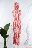 Rote Sexy Print Patchwork-Kleider mit Kapuzenkragen und Wickelrock