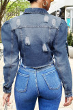Blue Casual Solid Ripped Buckle Turndown Collar Puff Sleeve Cropped Denim Jacket