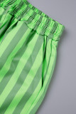 Зеленые повседневные полосатые лоскутные карманные пуговицы с отложным воротником и длинным рукавом из двух частей
