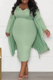 Light Green Casual Solid Basic V Neck Plus Size Two Pieces