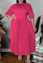 Розово-красные элегантные однотонные лоскутные платья с круглым вырезом и плиссировкой больших размеров