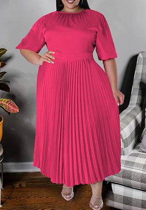 Vestidos de talla grande plisados ​​con cuello redondo y pliegue liso elegante rojo rosa