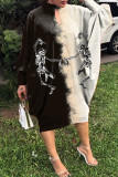 Black White Casual Print Hollowed Out Patchwork Half A Turtleneck Long Sleeve Dresses