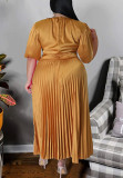 Rose Red Elegant Solid Patchwork Fold O Neck Pleated Plus Size Dresses