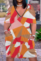Orangefarbenes, lässiges, kurzärmliges Patchwork-Kleid mit Reißverschluss und V-Ausschnitt