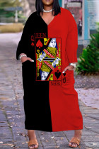 Vestidos de manga comprida pretos vermelhos estampados casuais básicos com decote em V