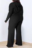Zwarte casual effen patchwork kraag met capuchon, grote maat driedelige set