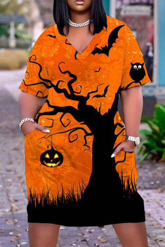 Tangerine Red Halloween Casual Graphics Print Basic V Neck Short Sleeve Loose Pockets Midi T-Shirt Dress