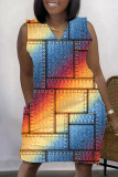 Многоцветный повседневный принт в стиле пэчворк V-образным вырезом без рукавов Платье Платья