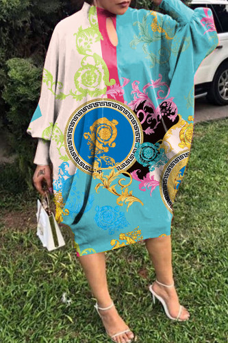 Light Blue Casual Print Hollowed Out Patchwork Half A Turtleneck Long Sleeve Dresses