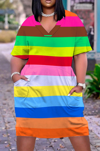 Multicolor Casual Print Patchwork V Neck Short Sleeve Dress