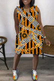 ブラック オレンジ カジュアル プリント パッチワーク ベーシック V ネック ノースリーブ ドレス ドレス