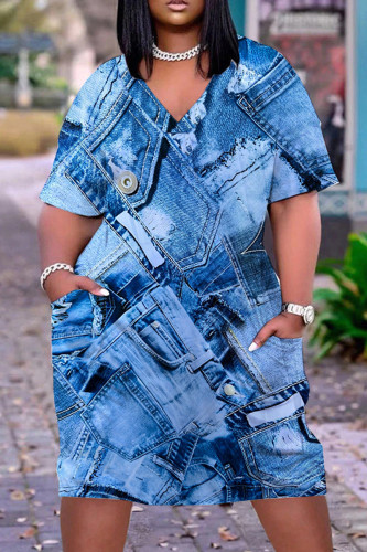 Royal Blue Casual Print Patchwork V Neck Short Sleeve Dress