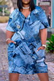 Koningsblauwe jurk met casual print en patchwork met V-hals en korte mouwen