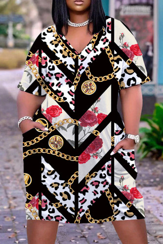 Black Casual Print Patchwork V Neck Short Sleeve Dress