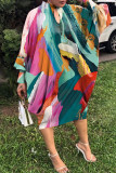 Vestidos de manga comprida com estampa casual multicolor vazada e gola alta