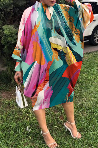 Multicolor Casual Print Hollowed Out Patchwork Half A Turtleneck Long Sleeve Dresses