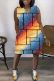 Farbiges, lässiges Patchwork-Kleid mit V-Ausschnitt, ärmellos
