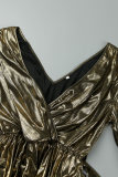 Gold Elegant Bronzing Frenulum Fold Reflective V Neck Pleated Dresses(With Belt)