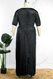 Vestidos de tamanho grande preto elegante sólido patchwork dobrável com decote em O plissado
