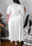 White Elegant Solid Patchwork Fold O Neck Pleated Plus Size Dresses