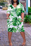Vit Grön Casual Print Basic V-ringad kortärmad klänning