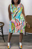 Paarse casual print patchwork mouwloze jurk met V-hals