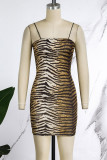 Tiger Pattern Sexy Animal Print Patchwork Backless Spaghetti Strap One Step Jupe Robes
