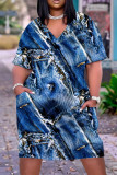 Blaues, lässiges Patchwork-Kleid mit V-Ausschnitt und kurzen Ärmeln