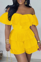 Yellow Casual Solid Patchwork Backless Off the Shoulder Short Sleeve Romper