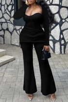 Black Casual Solid Slit Square Collar Long Sleeve Two Pieces