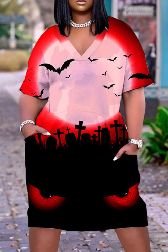 Red Black Halloween Casual Graphics Print Basic V Neck Short Sleeve Loose Pockets Midi T-Shirt Dress