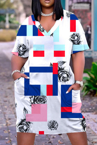 White Casual Print Patchwork V Neck Short Sleeve Dress