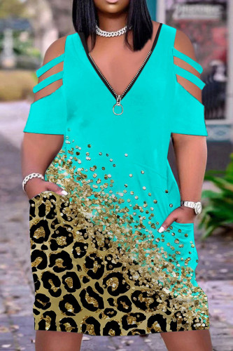 Cyan Casual Print Patchwork Zipper V Neck Short Sleeve Dress