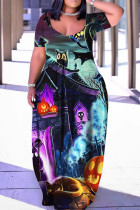 Vestidos multicoloridos com estampa casual patchwork decote em V manga curta