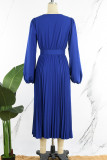 koningsblauw casual effen patchwork vouw v-hals taille rok jurken (met riem)