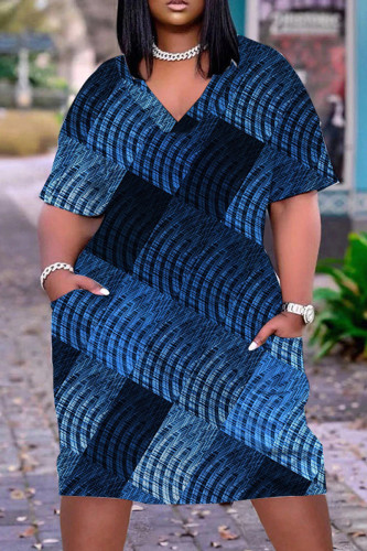 Tibetan Blue Casual Print Patchwork V Neck Short Sleeve Dress