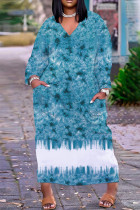 Robes bleu clair décontracté imprimé basique col en V manches longues