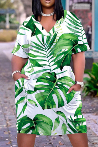 Cyan Green Casual Print Basic V Neck Short Sleeve Dress