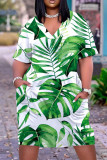 Cyangrünes, legeres, kurzärmliges Basic-Kleid mit V-Ausschnitt und Print