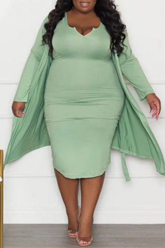 Light Green Casual Solid Basic V Neck Plus Size Two Pieces