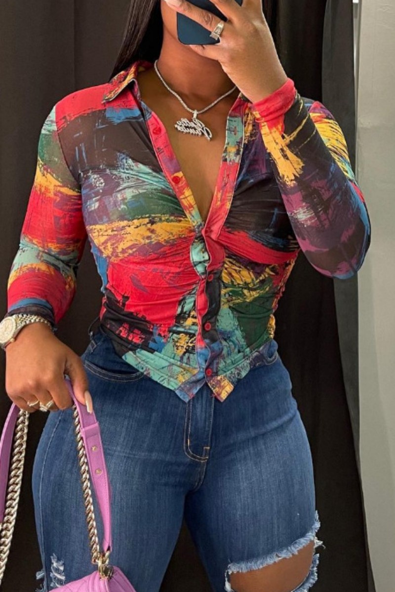 Elegant Print Patchwork Shirt Collar Tops