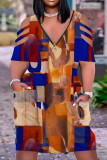 Vestido ciano casual estampado patchwork zíper com decote em V manga curta