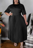 Vestidos de tamanho grande preto elegante sólido patchwork dobrável com decote em O plissado